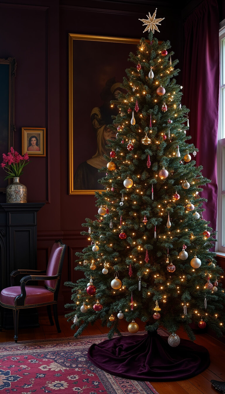 Moody formal living room at night with black Christmas tree adorned in vintage European glass ornaments and dramatic purple, gold, and black decor.