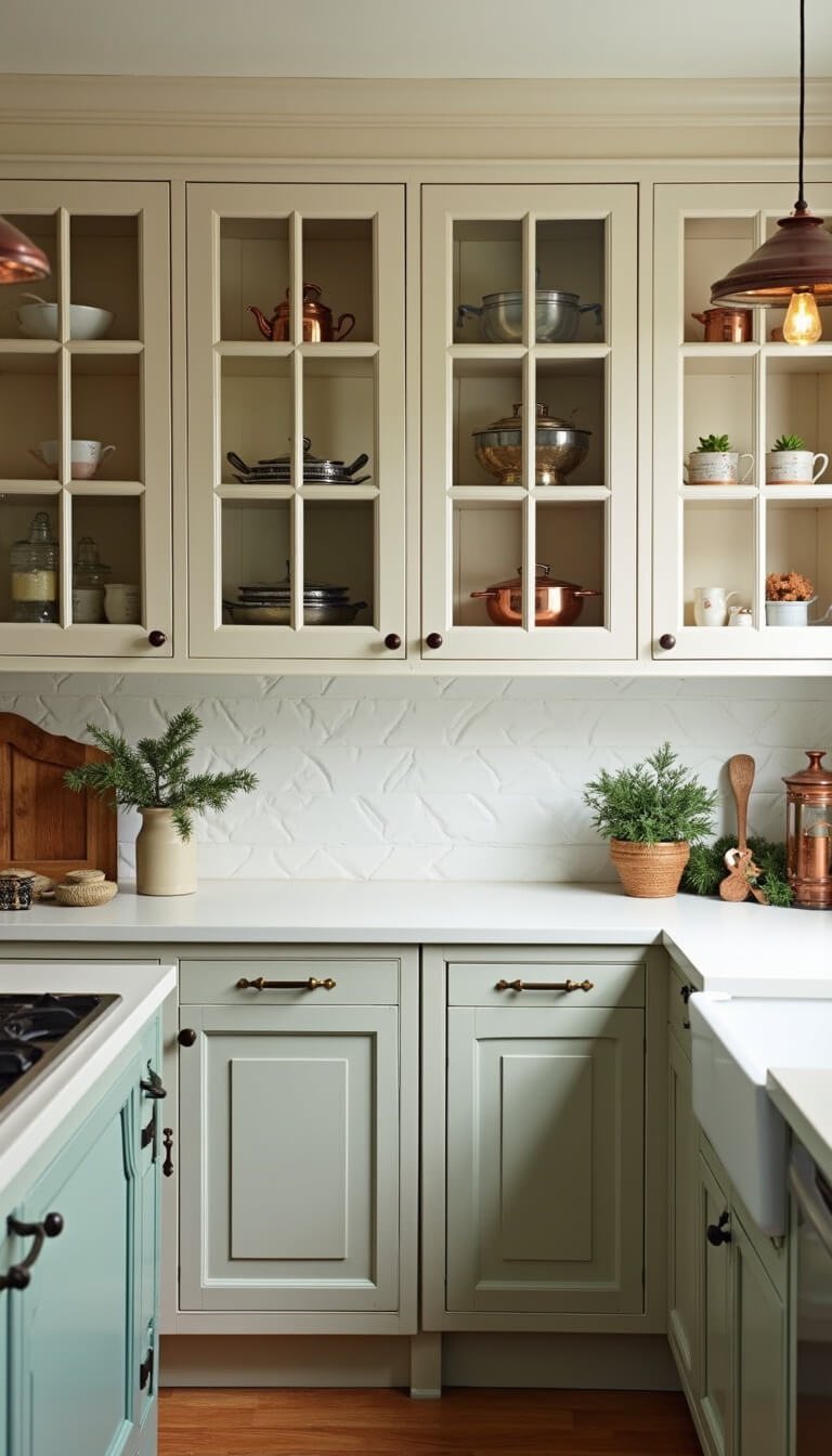 Festive 12x15ft kitchen with pendant lights, glass-front cabinets displaying ornaments, and copper, cream, and sage green decor.