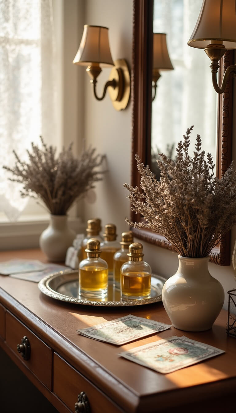 Close-up of art deco vanity with brass sconces, vintage perfume bottles, dried lavender, tarot cards, and morning light through lace curtains.