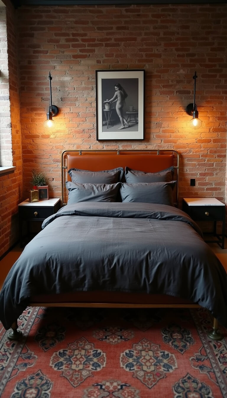 Cozy urban bedroom with exposed brick wall, queen bed in charcoal linen, brass-framed headboard, Moroccan rug, black metal nightstands, and warm dusk lighting.