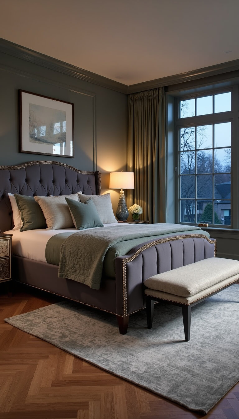 Luxurious primary bedroom with charcoal velvet upholstered bed, herringbone hardwood floors, bone inlay nightstands, silver sage silk rug, and twilight blue hour lighting.