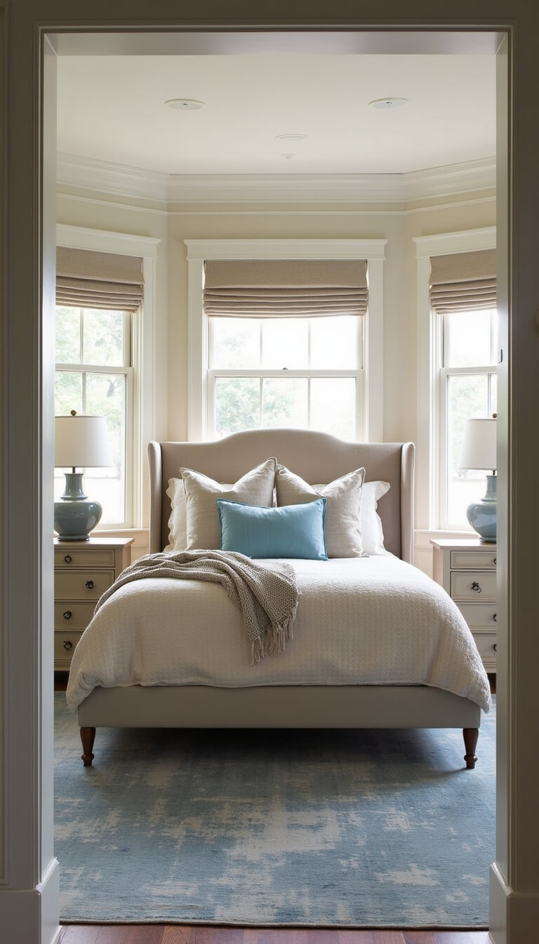 Transitional master suite with tray ceiling, upholstered wing bed in oatmeal linen, built-in nightstands, layered bedding, vintage blue-gray rug, and soft afternoon light through roman shades.