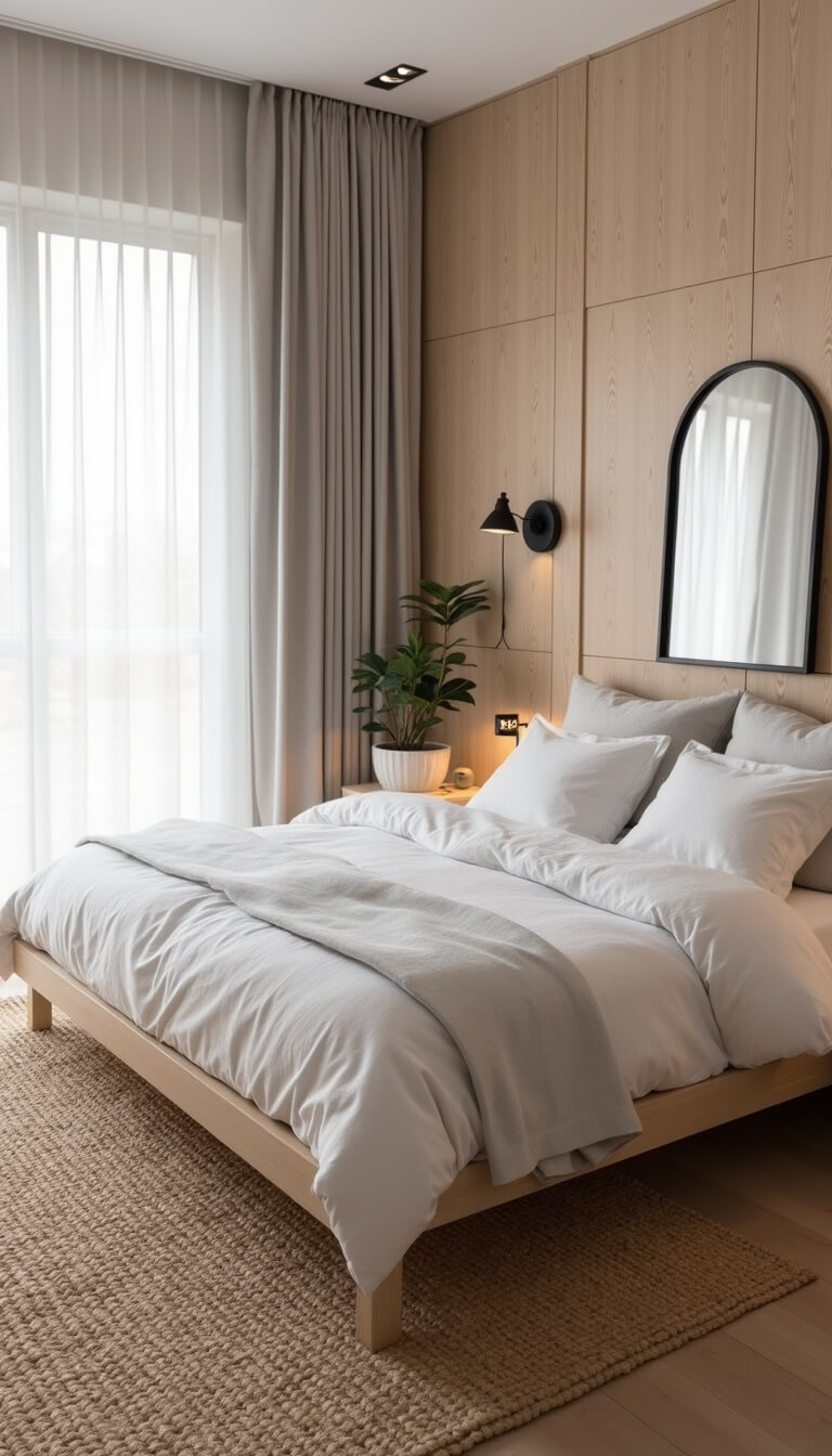 Scandinavian-style bedroom with light oak bed, white linens, gray accents, jute rug, and blonde wood accent wall in soft morning light.