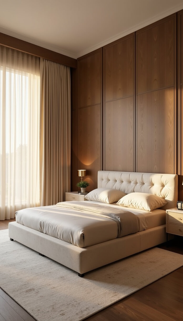 Luxe modern 16x18ft bedroom with custom millwork walls, cream bouclé channel-tufted bed, silk bedding, golden hour light through velvet drapes, marble-top nightstands, brass lamps, and ivory wool rug.