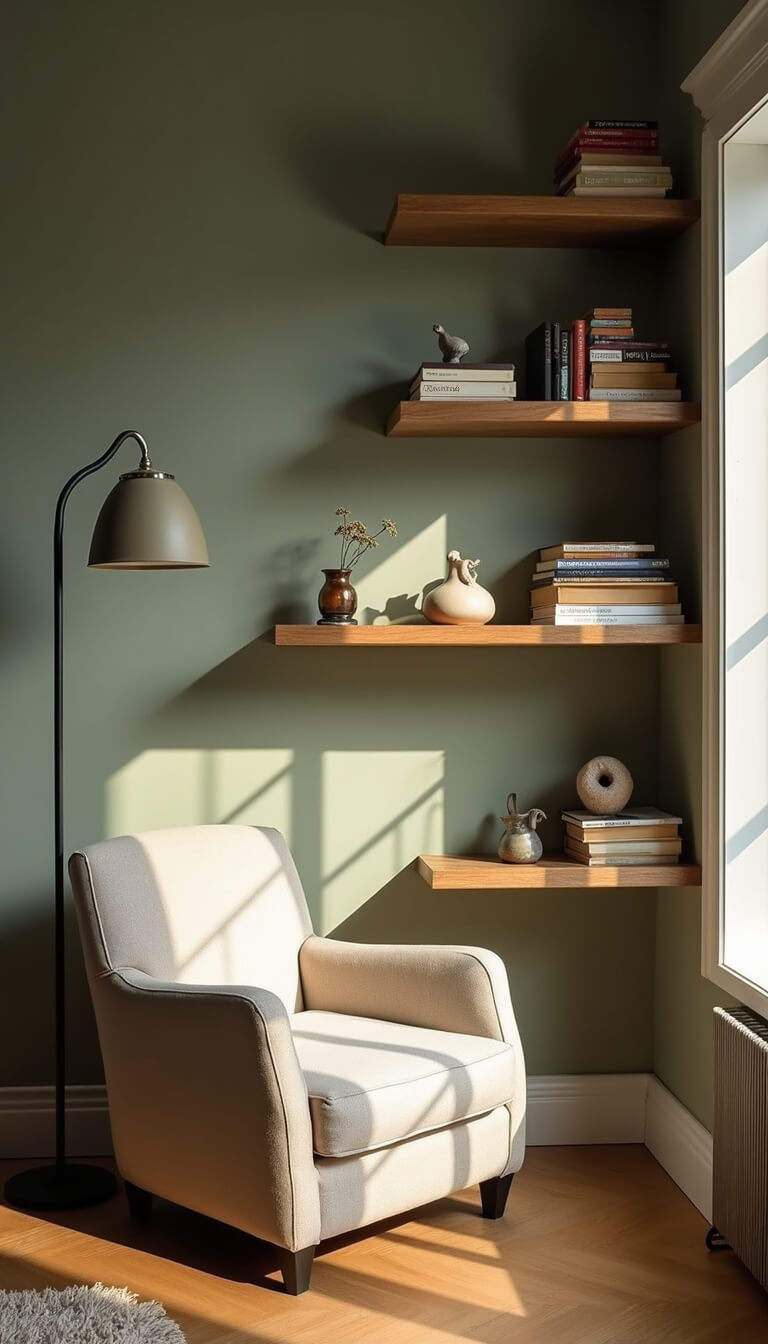Cozy corner reading nook with linen armchair, industrial floor lamp, floating shelves, and sage green wall bathed in golden afternoon light.