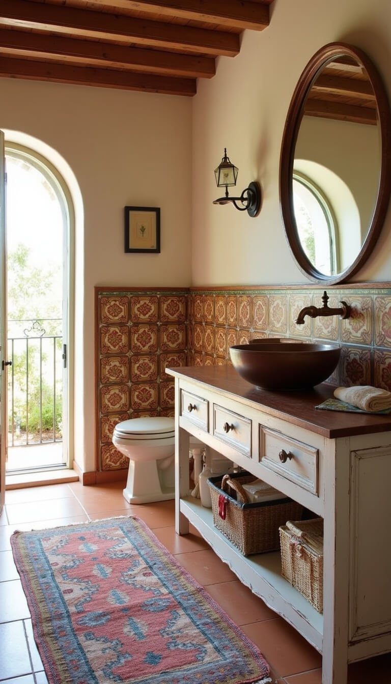 Mediterranean-style bathroom with terracotta tile floors, copper vessel sink on whitewashed wood vanity, vintage Turkish rug, and arched window letting in morning light.