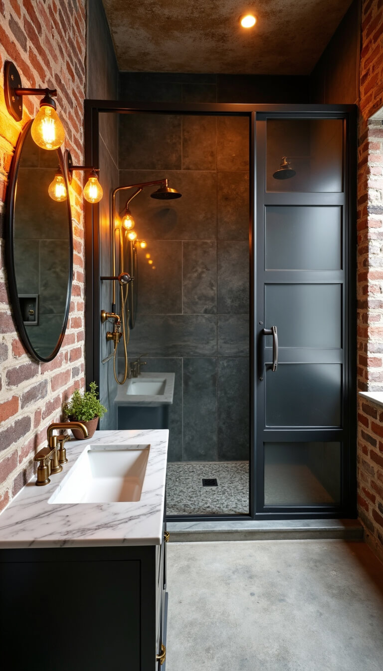 Industrial-vintage bathroom with exposed brick wall, concrete floor, black steel shower doors, brass fixtures, and Edison bulb lighting.