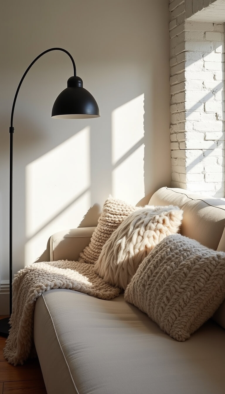 Cozy 16x20ft winter-themed living space with cream wool sofa, sheepskin throws, cable knit cushions, arched black floor lamp, and white brick feature wall with line art, bathed in afternoon light.