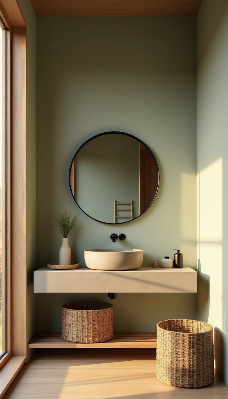 Japandi-style 6x8 bathroom with sage green walls, bamboo ladder shelf, concrete-look floating sink, round black-framed mirror, light oak accents, and earth-toned accessories in golden hour light.