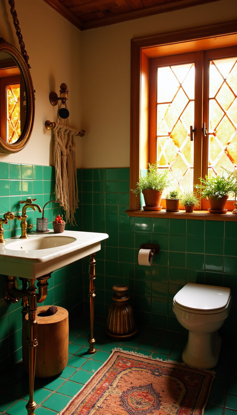 Bohemian eclectic 5x7 bathroom with emerald tile wainscoting, vintage brass vanity, macramé decor, potted plants, and golden hour light through colored glass.