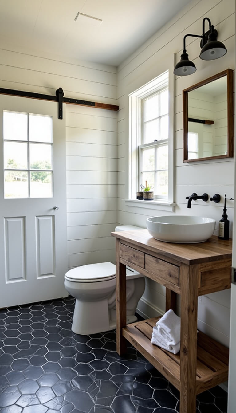 Modern farmhouse bathroom with white shiplap walls, black hexagon tile floor, rustic wood vanity, white vessel sink, and natural light from barn door window.