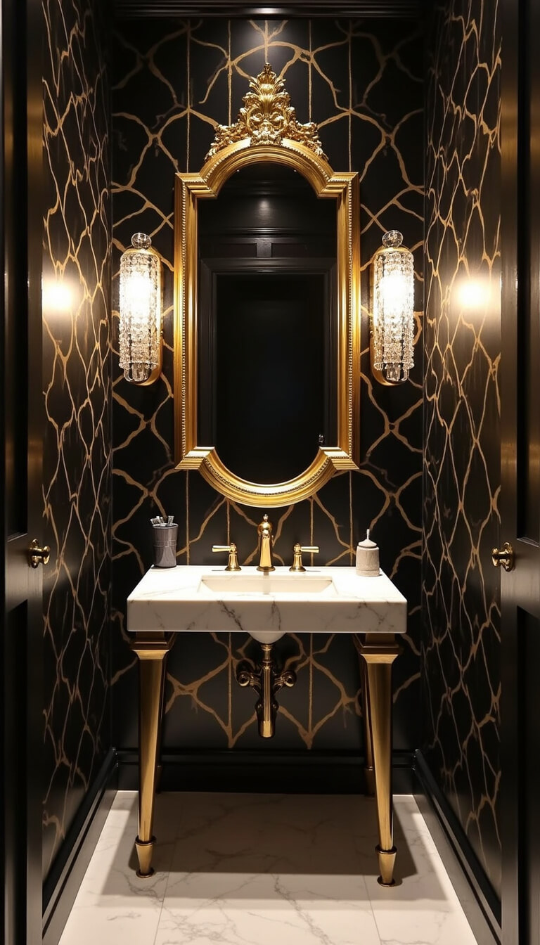 Art Deco glam powder room with black and gold geometric wallpaper, marble floating vanity with brass legs, champagne gold decorative mirror, and crystal sconces in warm evening lighting.