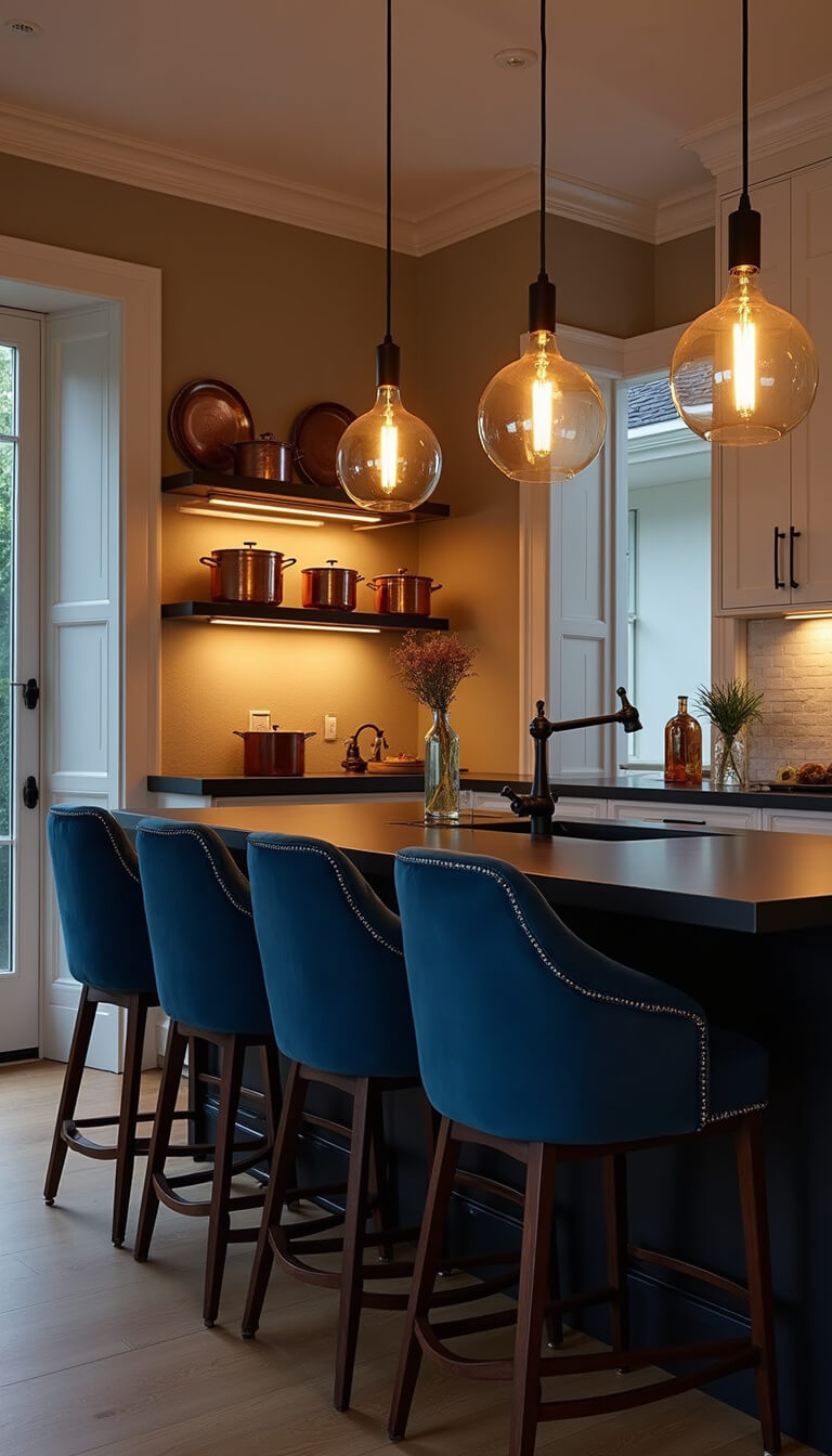 Intimate kitchen with navy velvet barstools, warm pendant lighting, white shaker cabinets, black soapstone countertops, and copper cookware on display.