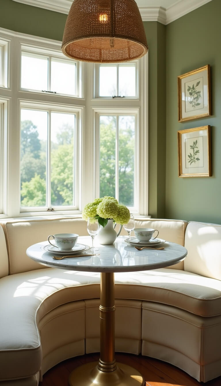 Sunlit breakfast nook with cream banquette, marble table, rattan pendant, and sage green wall adorned with botanical prints.