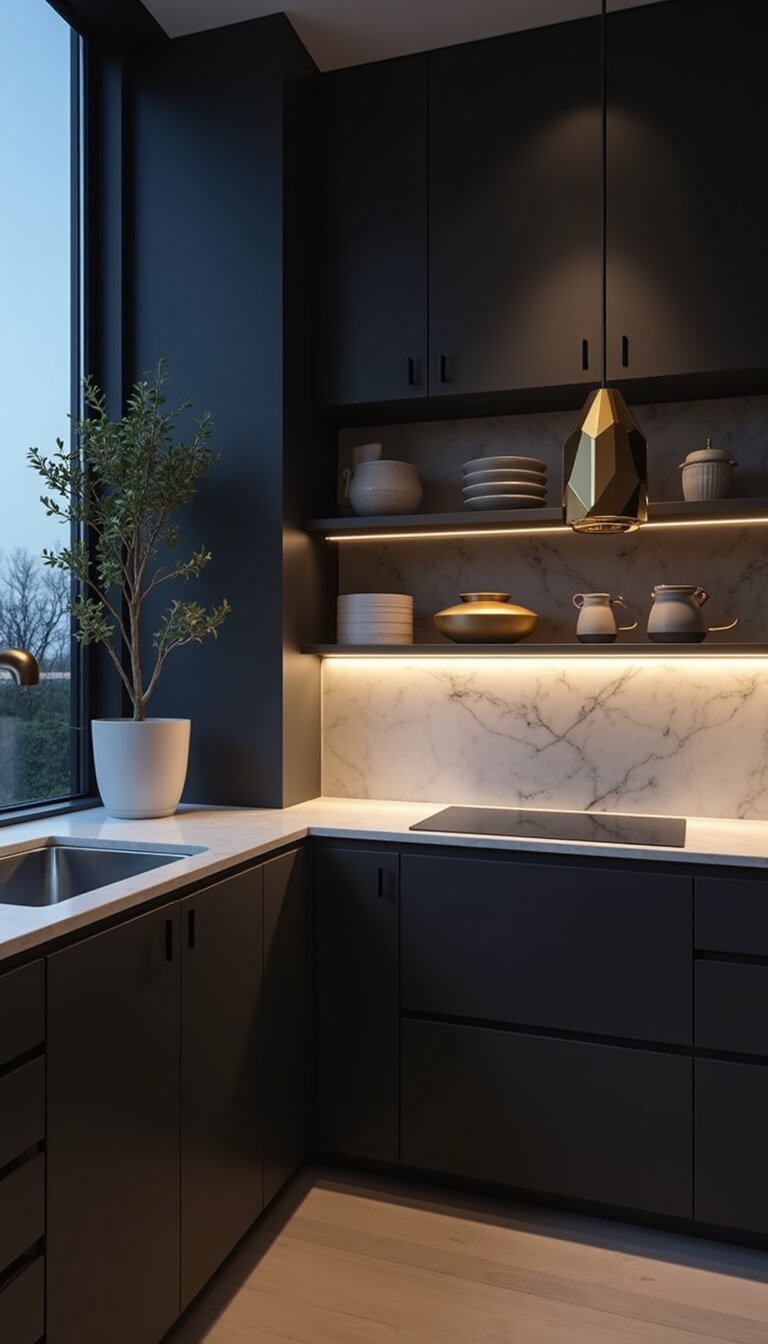 Minimalist kitchen corner at dusk with matte black cabinets, marble shelves, ceramics, induction cooktop, gold pendant light, and potted olive tree.