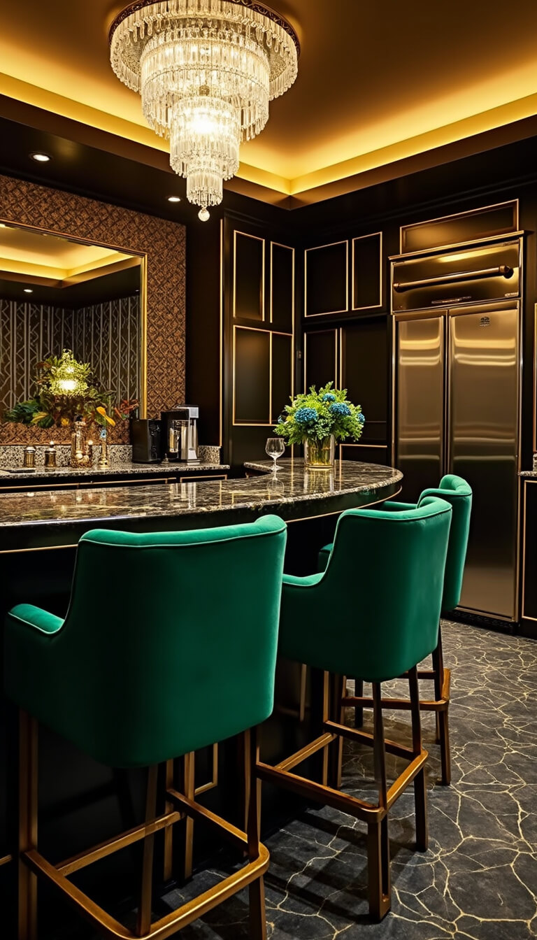 Art deco kitchen corner with black and gold geometric wallpaper, emerald velvet barstools, crystal chandelier, mirrored cabinets, and black marble countertops with gold veining in moody evening light.