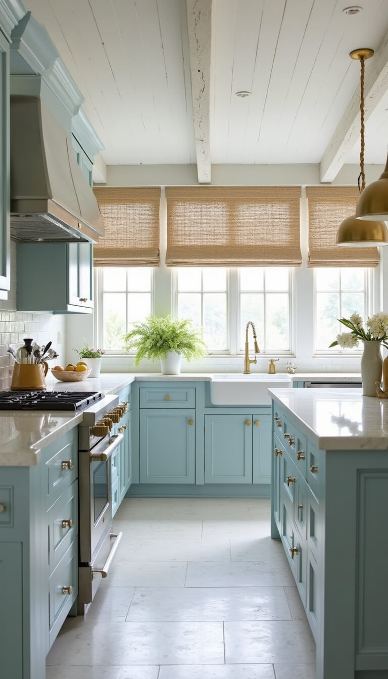 Coastal-inspired kitchen with pale blue cabinets, white ceiling beams, quartzite countertops, woven pendant lights, and brass fixtures in bright midday lighting.