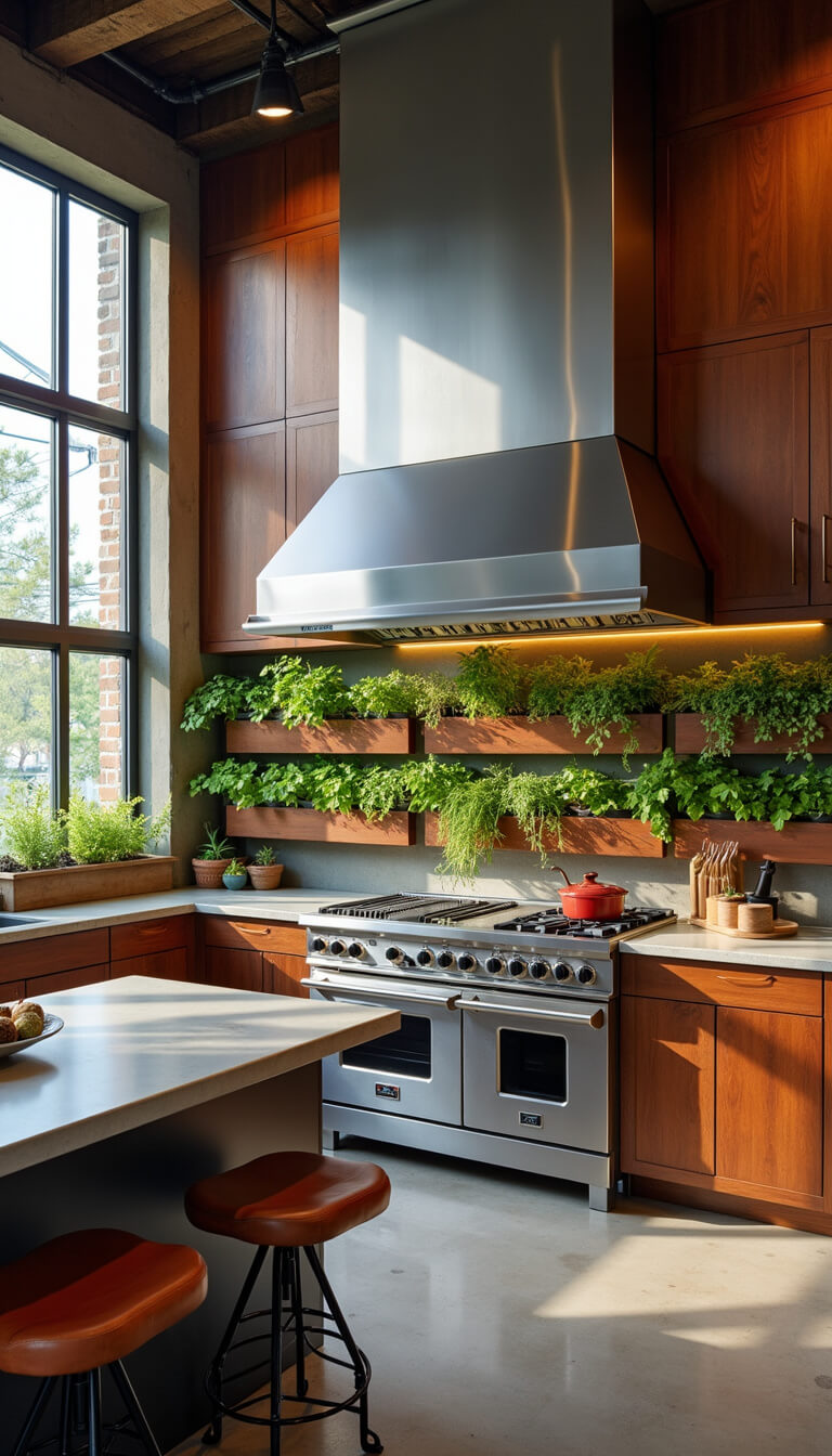 Professional kitchen with stainless steel appliances, walnut cabinets, concrete island, leather barstools, and copper herb garden wall in double-height space with industrial windows.