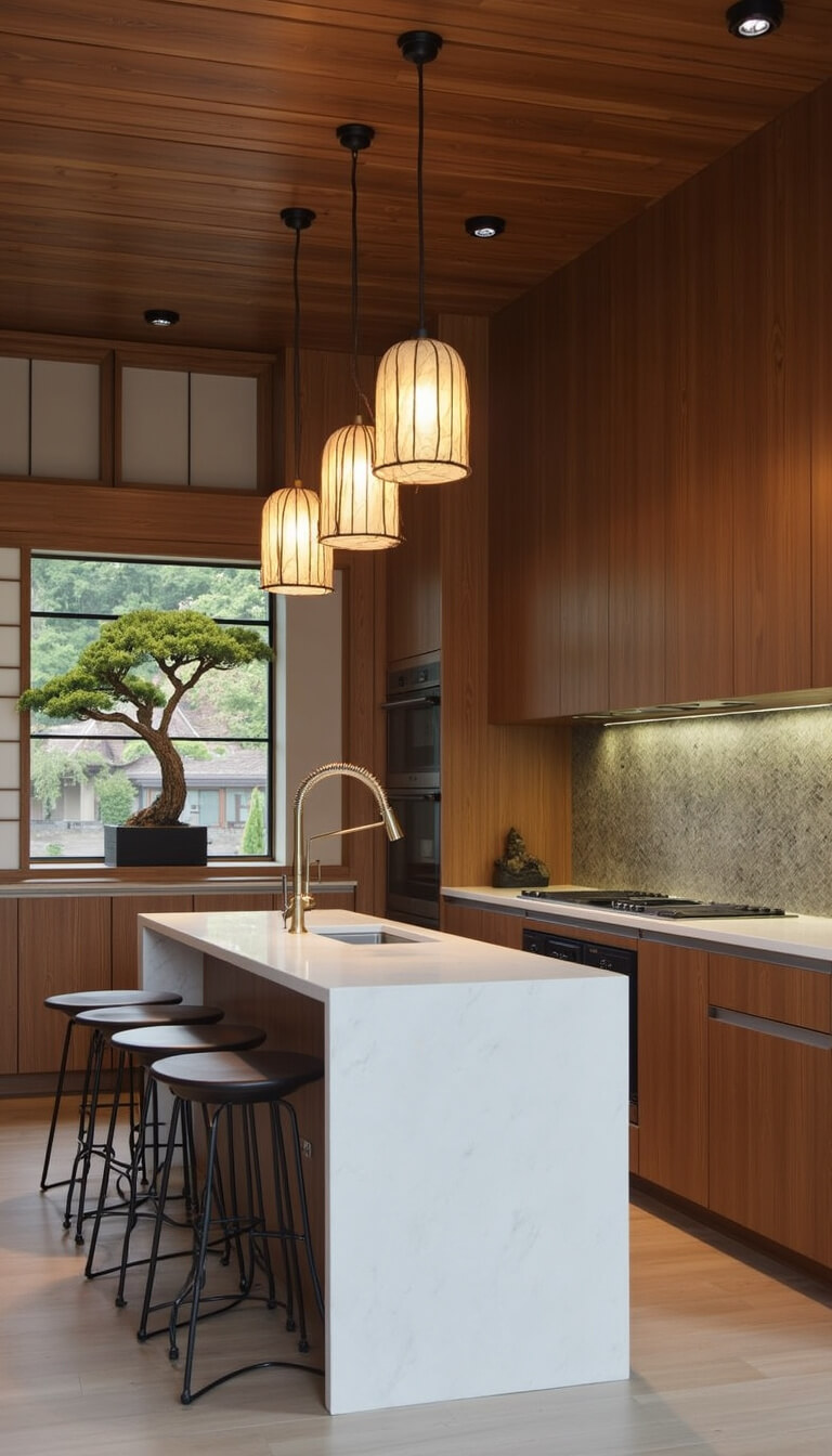 Contemporary Asian-inspired kitchen with dark vertical-grain bamboo cabinets, white quartz waterfall island, paper lantern pendants, bronze fixtures, shoji screen divider, and bonsai on floating shelf.