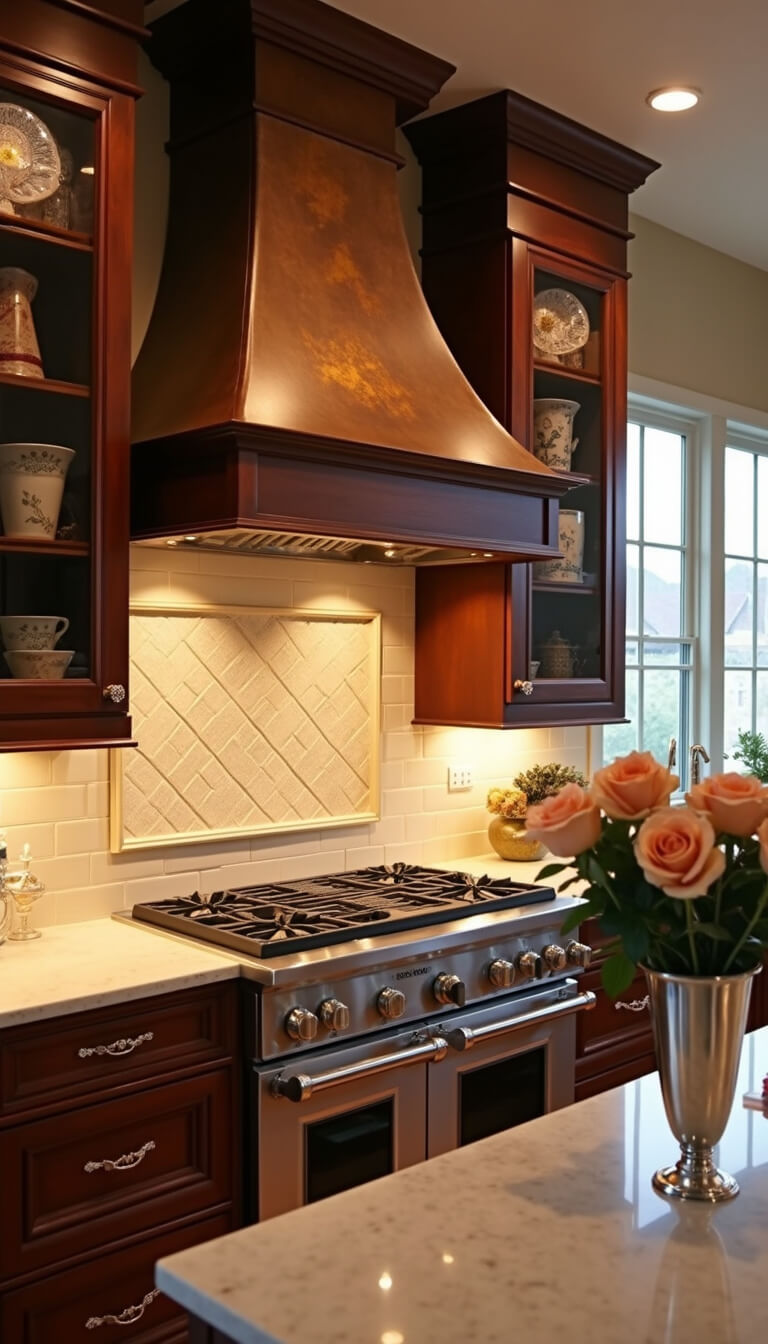 Traditional kitchen at sunset with cherry wood cabinets, glass fronts, copper range hood, cream and gold arabesque backsplash, crystal knobs, fresh roses in silver vase, and antique mirror accents.