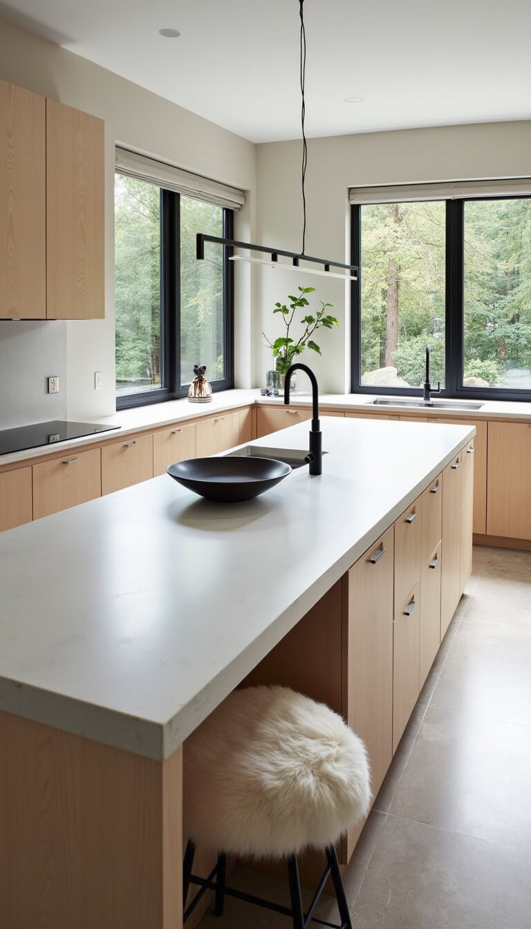 Scandinavian minimal kitchen with bleached oak cabinets, white concrete countertops, black steel windows, and cream Mongolian wool barstools in morning light.