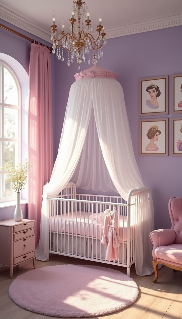 Princess-themed lavender nursery at dawn with tulle canopy crib, rose gold Disney decor, crystal chandelier, and blush rocking chair by French windows.