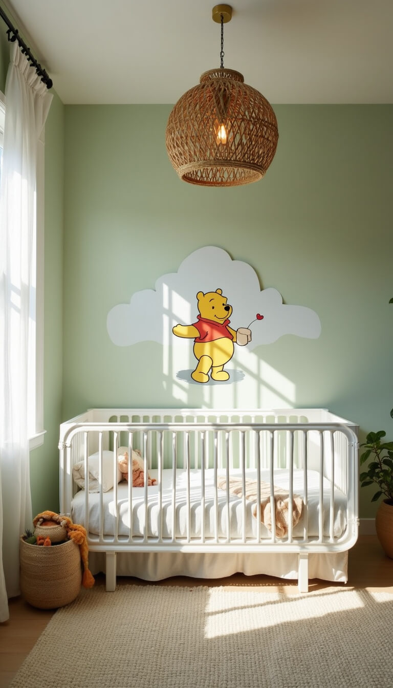 Gender-neutral Disney nursery with sage green walls, Winnie the Pooh mural, acrylic crib, and rattan pendant light.