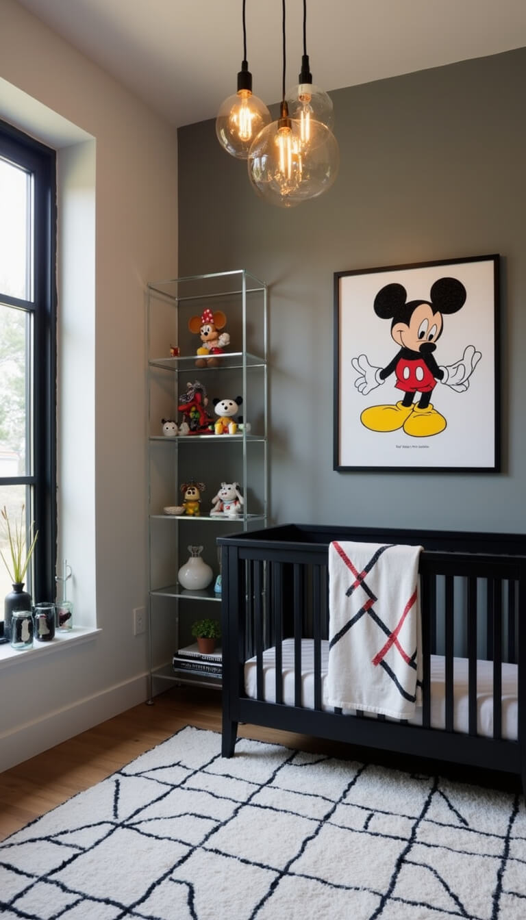 Modern gray nursery with Mickey Mouse pop art, matte black crib, geometric bedding, Lucite bookshelf of Disney collectibles, and pendant lighting.