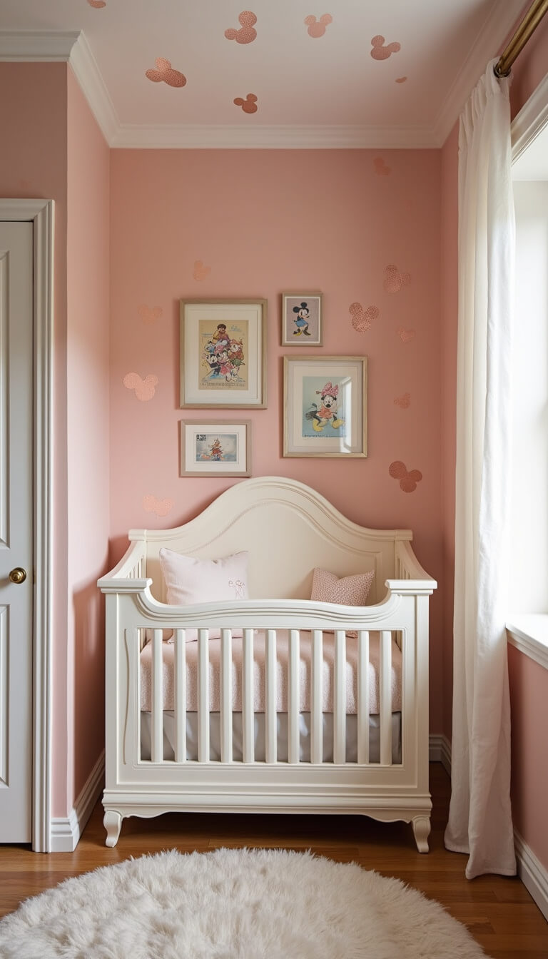 Cozy 10x11ft nursery alcove at twilight with blush walls, rose gold Minnie Mouse decals, ivory linen upholstered crib, and vintage Disney posters in matching frames.