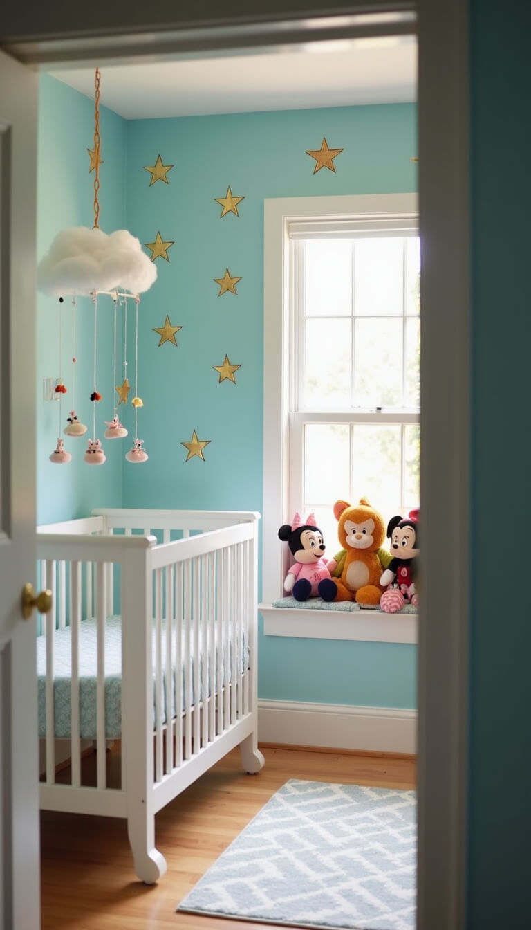 Whimsical 13x15ft nursery with soft blue walls, Peter Pan stars, white crib, cloud mobile, and plush Disney toys on window seat in afternoon light.