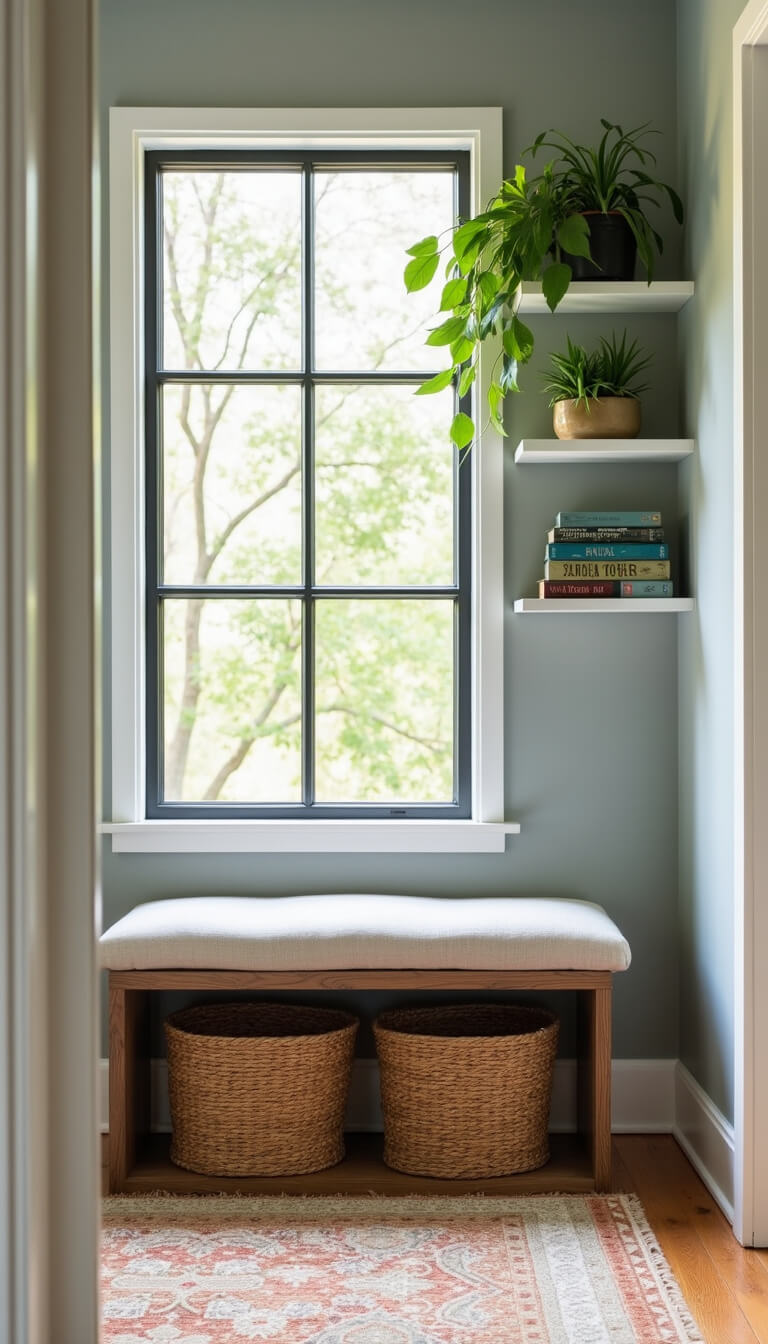 Inviting entryway with oatmeal linen storage bench, woven baskets underneath, floating shelves with plants and books, illuminated by natural light through black-framed window.