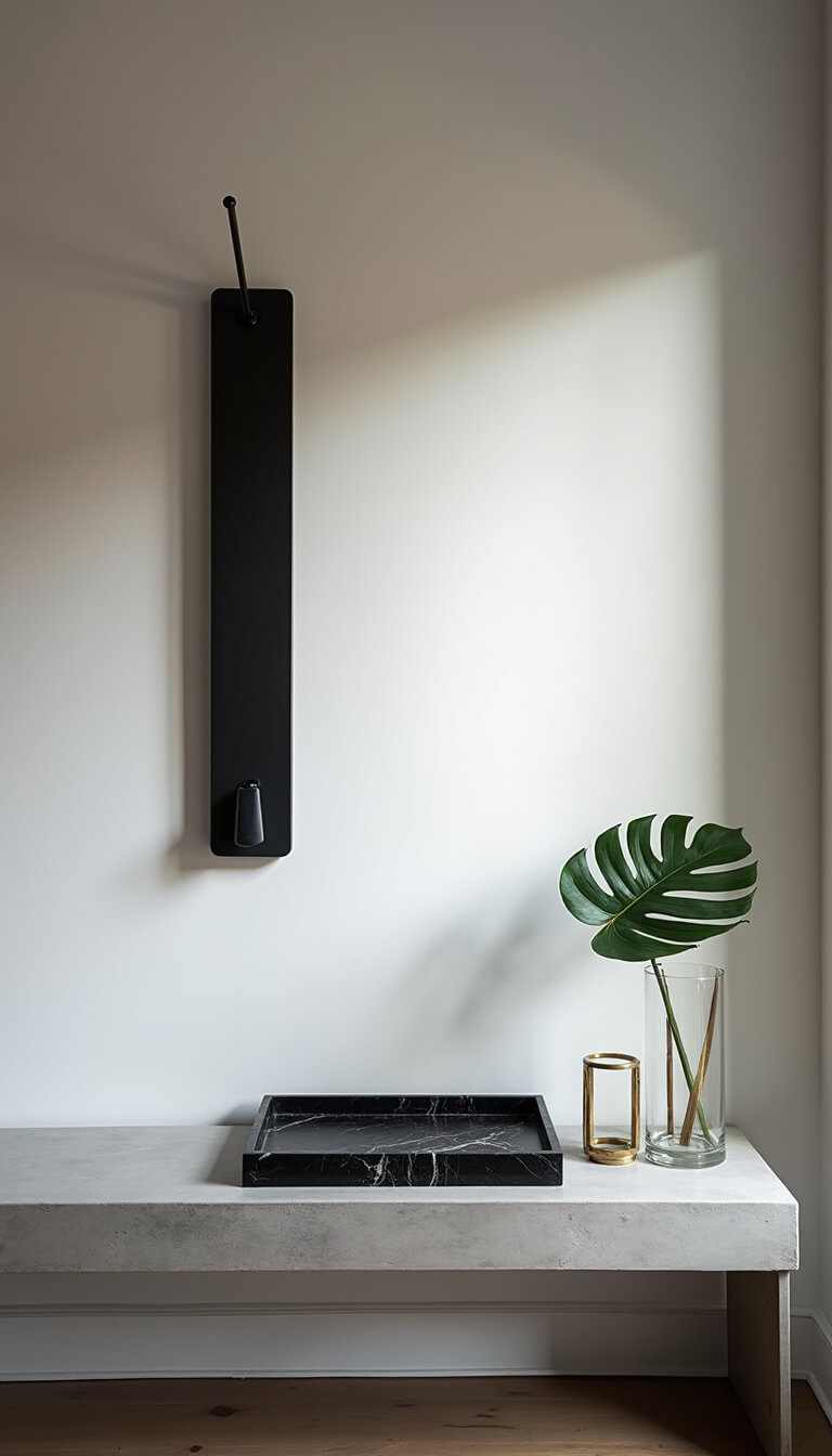 Minimalist entryway at dusk with matte black wall-mounted coat rack, narrow concrete console holding black marble tray, monstera leaf in glass vase, and brass sculpture against a white wall.