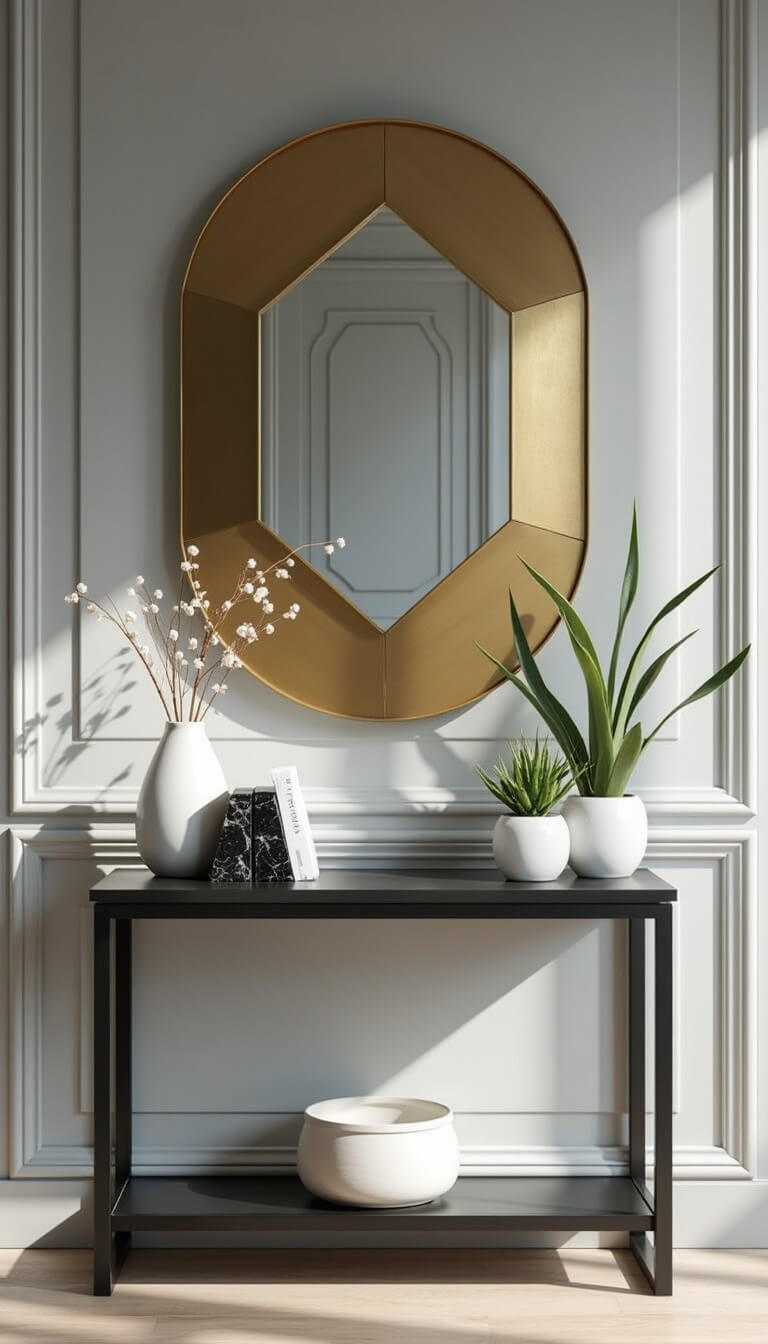 Contemporary entryway with geometric brass mirror, black metal console, ceramic sculpture, marble bookends, and succulents against grey walls.