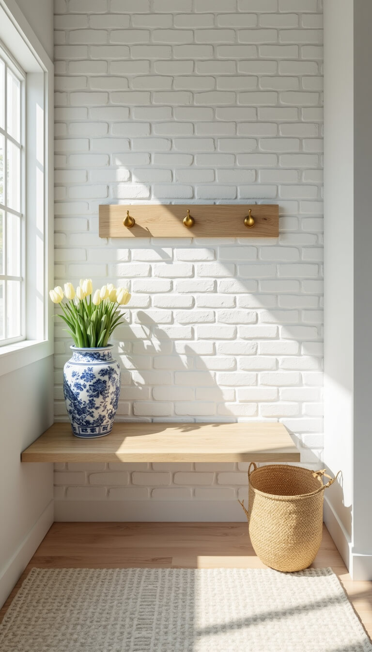 Bright spring entryway with white brick wall, pale oak shelf, brass hooks, tulips in blue and white vase, and natural basket, softly lit.