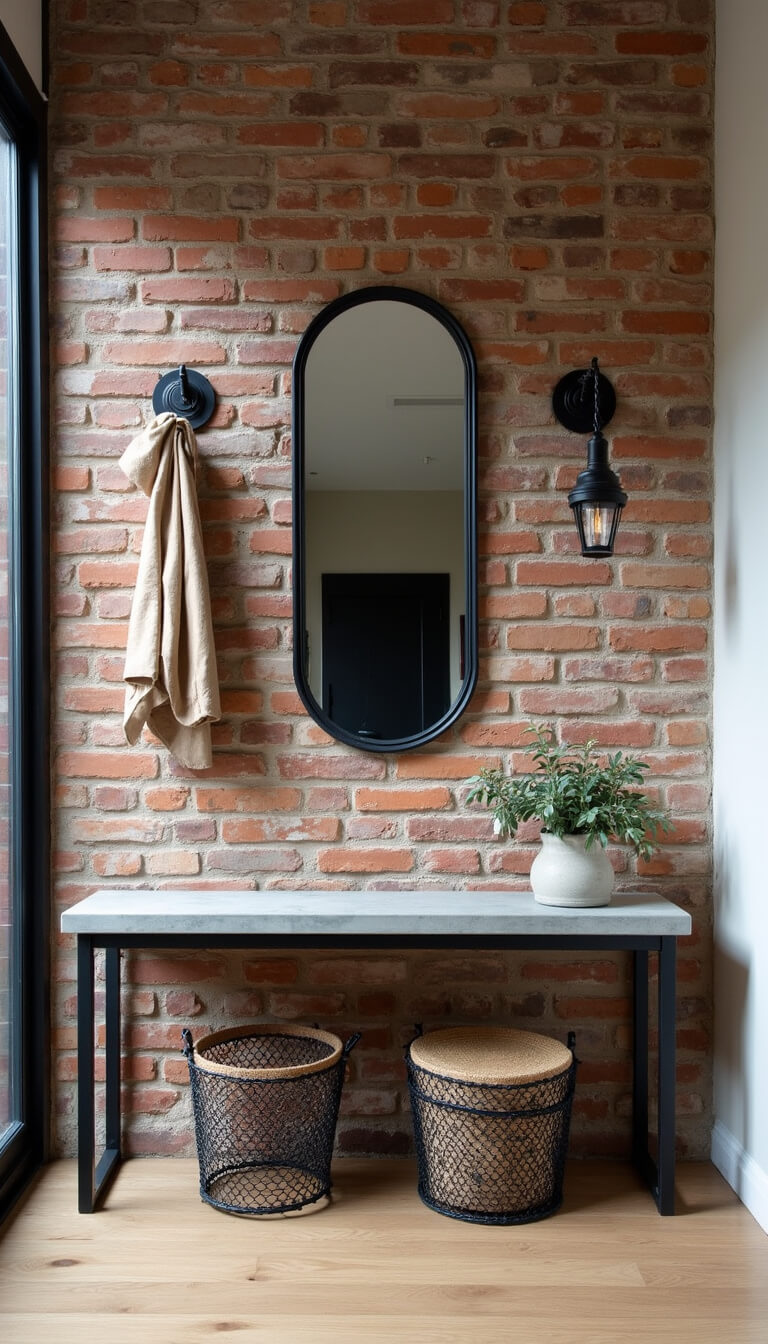 Industrial-style entry with exposed brick wall, black metal coat rack, concrete console, vintage mirror, factory pendant light, and wire mesh baskets in strong midday light.
