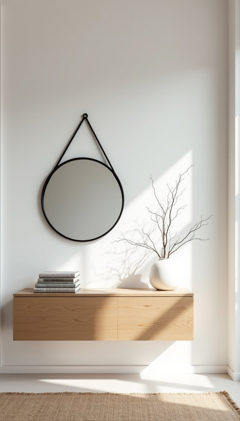 Minimal Scandinavian entryway with blonde wood floating console, black metal mirror, white ceramic vessel with branch, and natural linen runner in soft morning light.