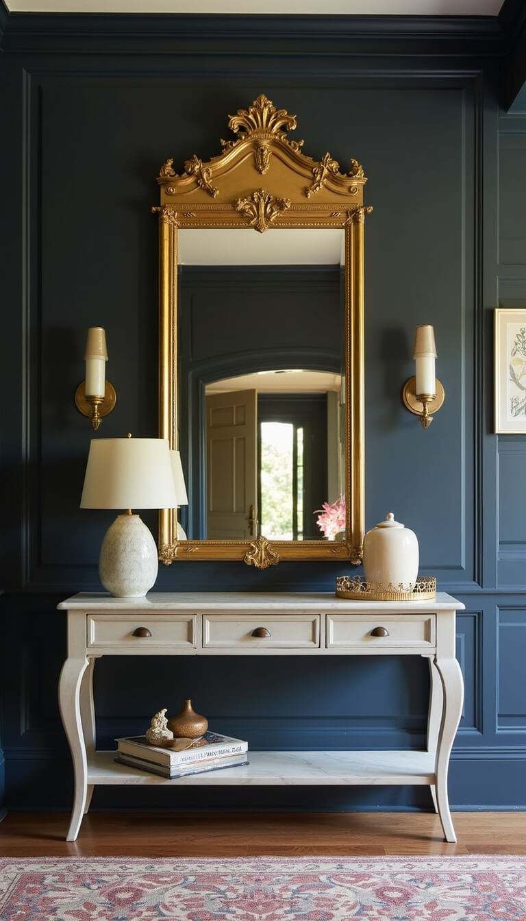 Elegant entryway at golden hour featuring navy paneled walls, antique gold mirror, marble console, and mix of modern and vintage décor elements.