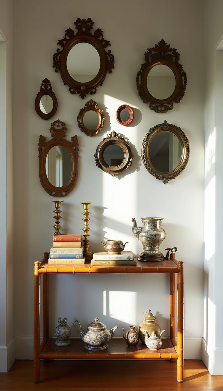 Eclectic entryway with vintage mirror gallery, bamboo console, and curated decor in dramatic afternoon light.