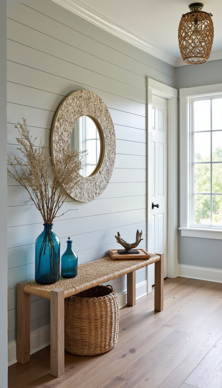 Coastal entryway with grey shiplap walls, rattan bench, capiz shell mirror, and nautical decor in bright daylight.
