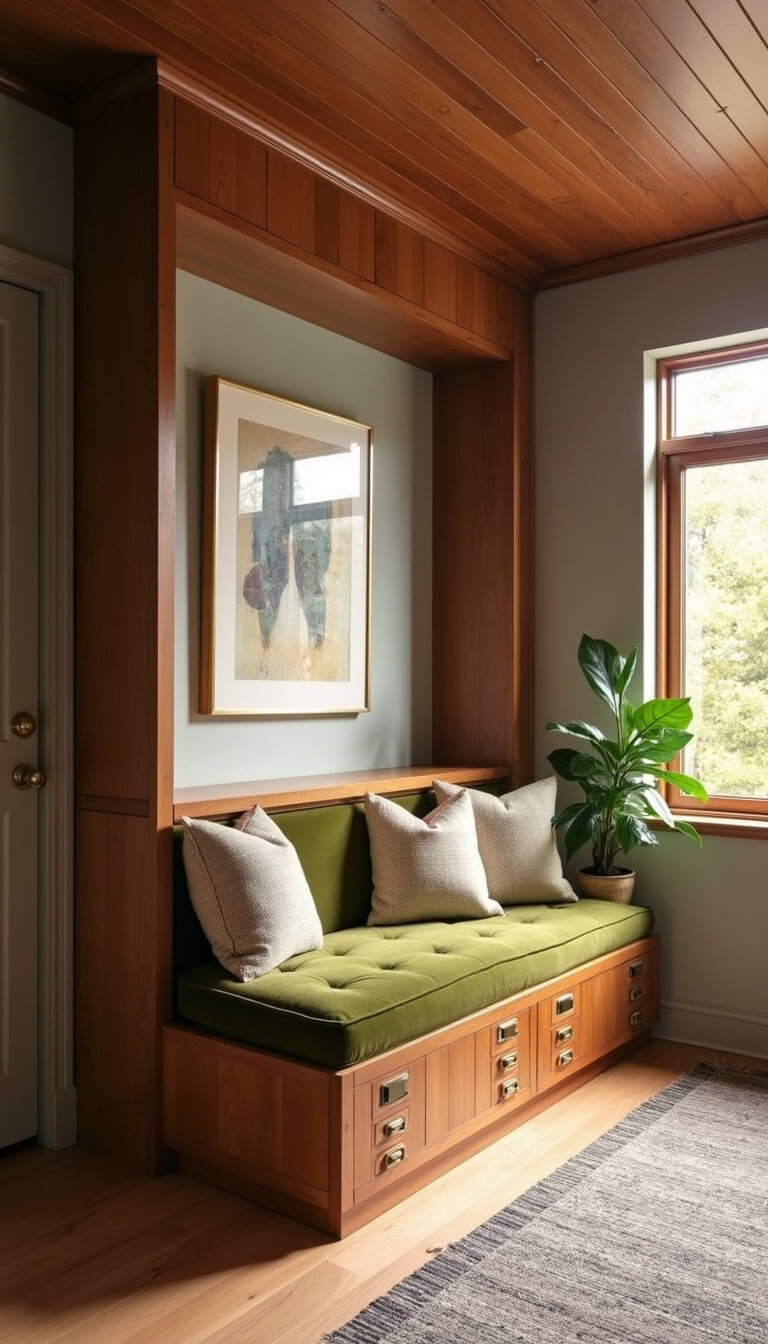 Mid-century modern stair storage featuring built-in bench with olive velvet cushion, walnut paneling, and brass accents illuminated by warm light.