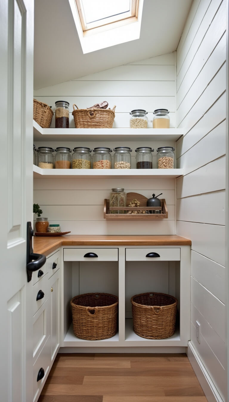 Farmhouse-style under-stair pantry with white shiplap walls, black metal handles, clear containers, woven baskets filled with vegetables, butcher block countertop, and vintage kitchen decor.
