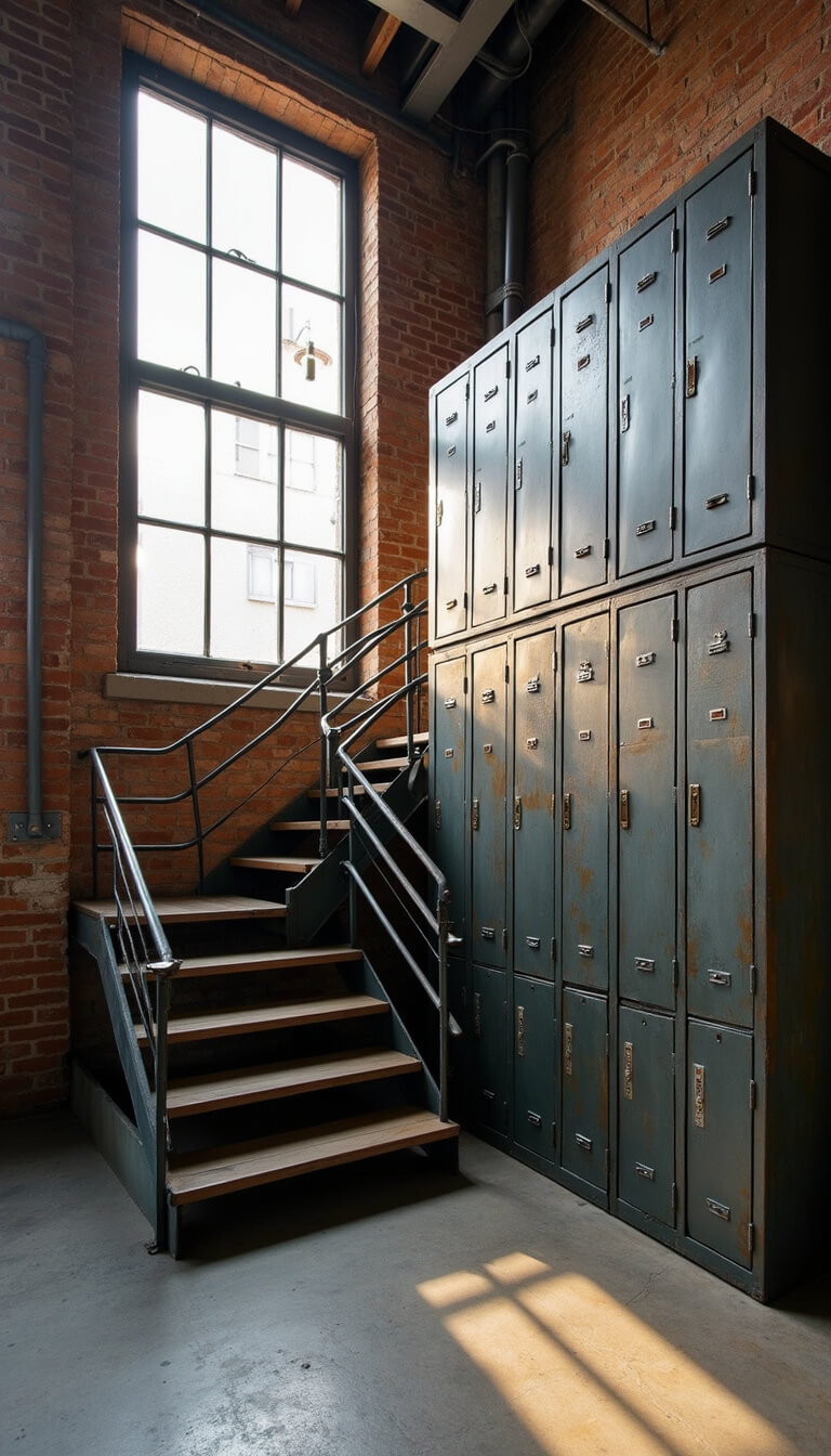 Industrial-style urban loft staircase with metal lockers, exposed ductwork, and factory windows casting afternoon light on concrete and brick surfaces.