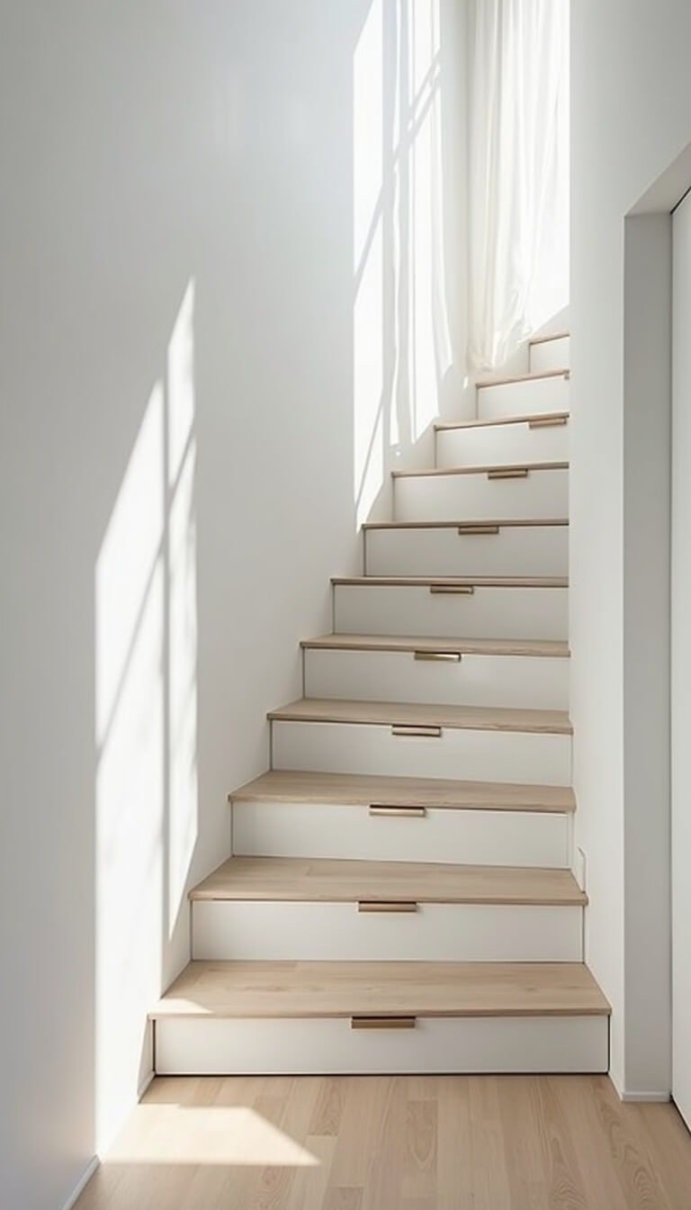 Scandinavian minimalist stair storage with hidden touch-latch doors, pale wood flooring, and soft natural light filtering through sheer curtains.