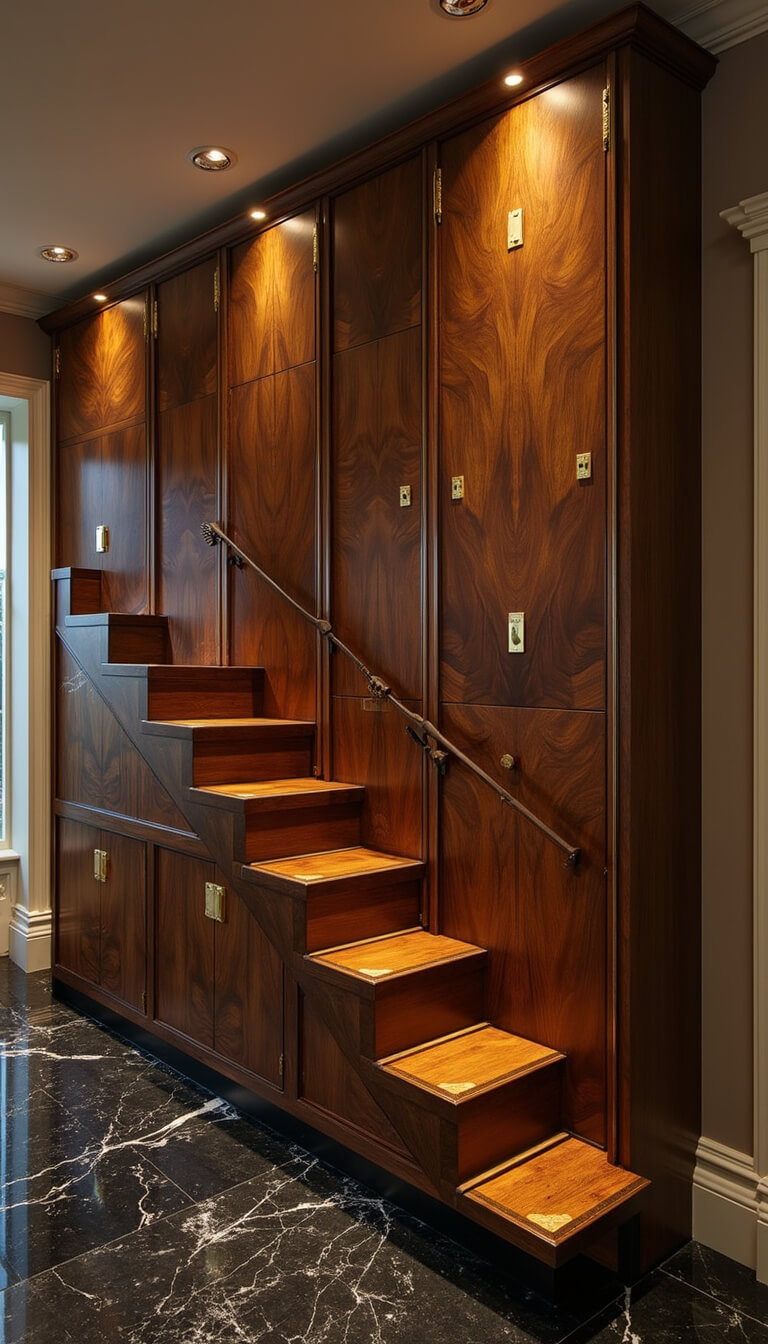 Art Deco inspired staircase storage unit in dark walnut with brass details, fan-patterned cabinet fronts with gold inlay, black marble flooring, and accent lighting highlighting geometric metallic features.