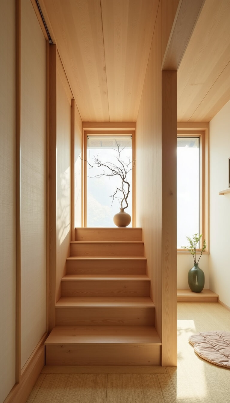 Minimalist Japanese-inspired stair storage with light maple wood, shoji screen accents, bamboo details, and tatami flooring bathed in gentle morning light.