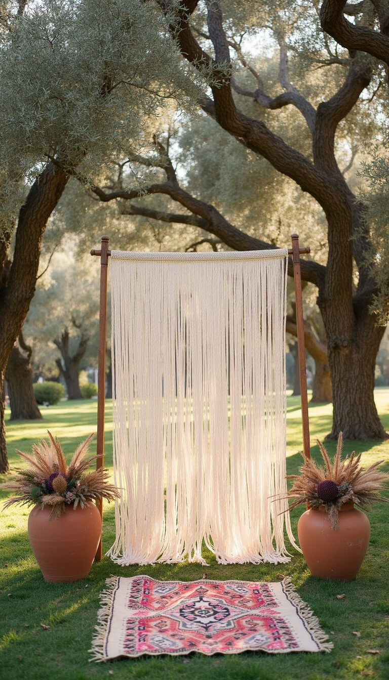 Garden wedding altar with macramé backdrop, terracotta urns of pampas grass and protea, layered Moroccan rugs, and soft sunlight filtering through olive trees.