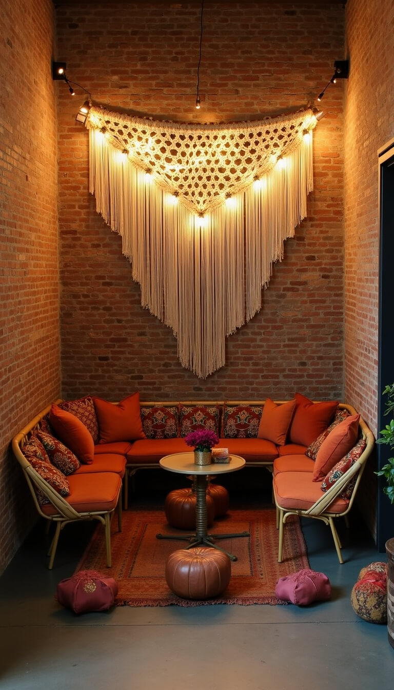 Cozy reception lounge in industrial loft with rattan seating, velvet cushions, Moroccan poufs, macramé wall hanging, and warm Edison bulb lighting.