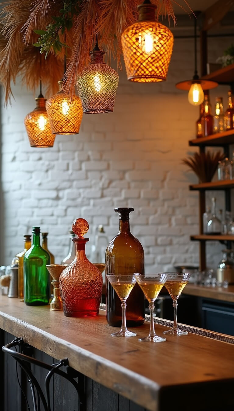 12-foot reclaimed wood bar with dried palm fronds and brass accents against whitewashed brick wall, featuring colored glass decanters, vintage coupes, and warm rattan pendant lighting in a sophisticated bohemian setting.