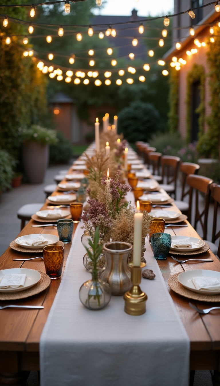 Elevated view of 30ft outdoor farm table with gauze runners, brass candlesticks, dried flower bud vases, vintage amber and cobalt goblets, rattan chargers, ceramic plates, and string lights overhead at magic hour.