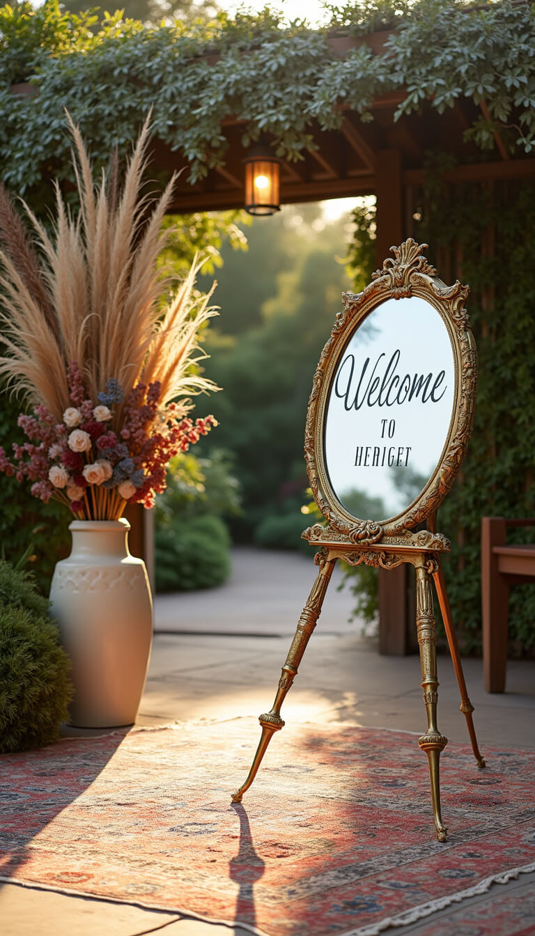 Tall brass easel with hand-painted mirror welcome sign, accented by asymmetrical dried florals, on vintage rug path in garden at sunset.